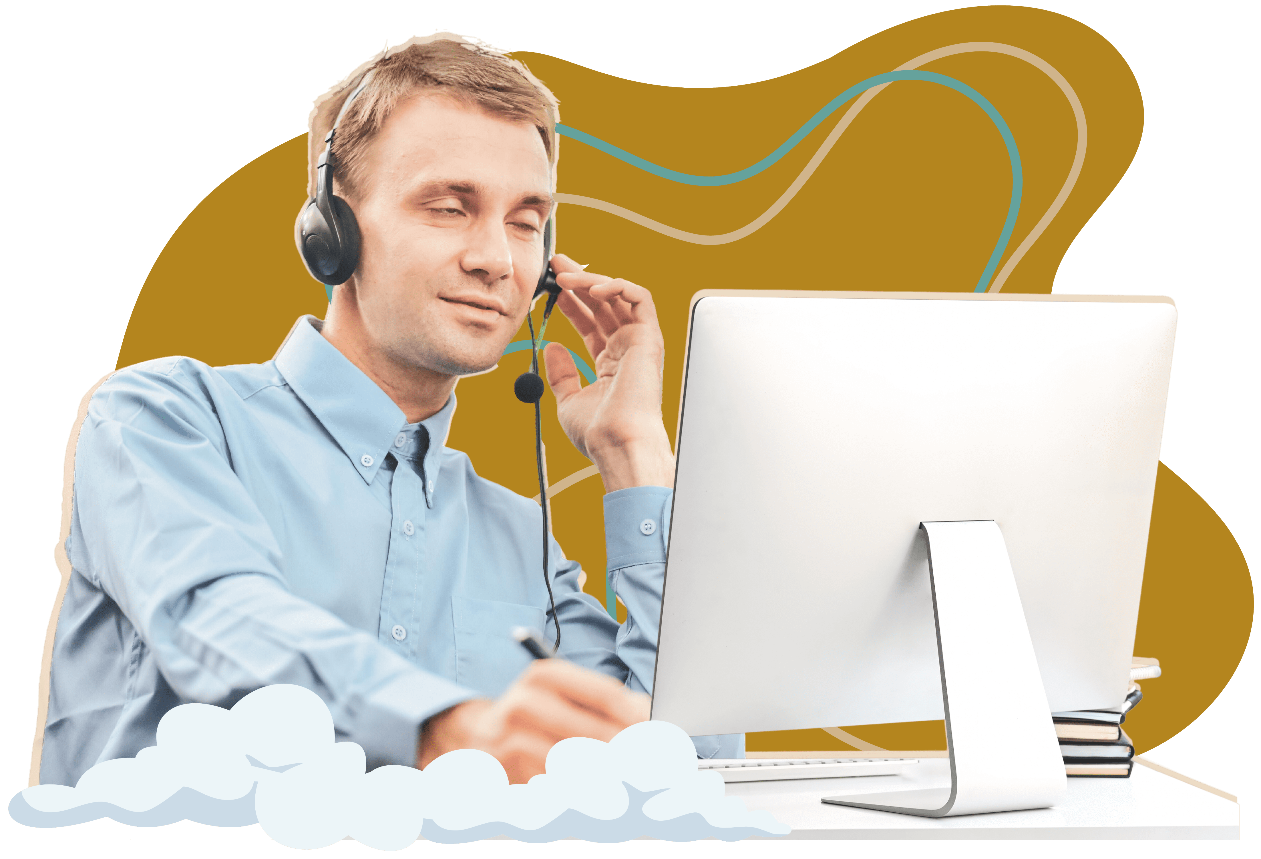 A person with a visual impairment wearing a headset while conducting a work call.