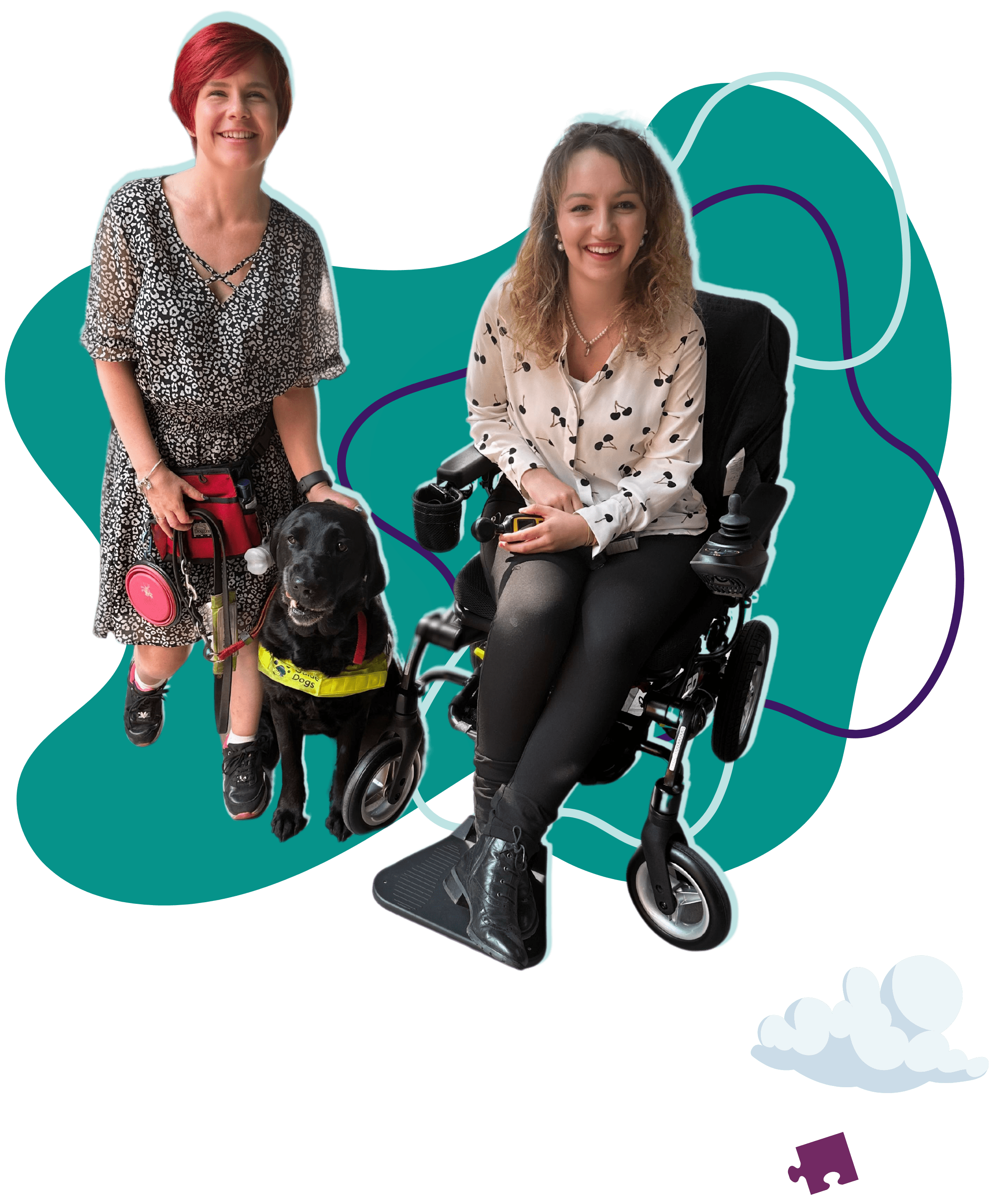 Patchwork Hub's founder in her powerchair and a colleague with a guide dog smiling together on site for an accessibility assessment.