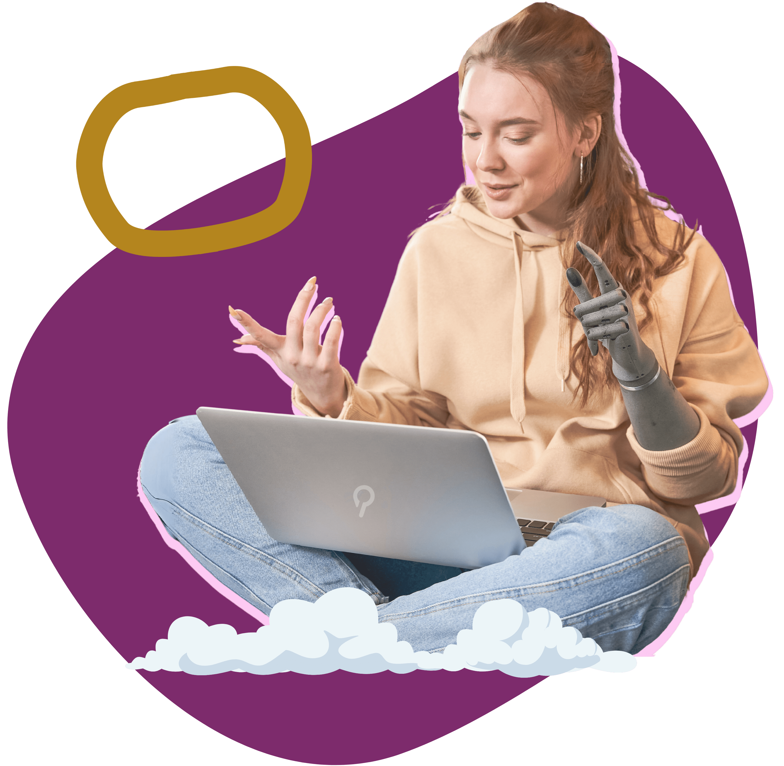 A young woman with a prosthetic arm gesturing while using a Patchwork Hub-branded laptop.