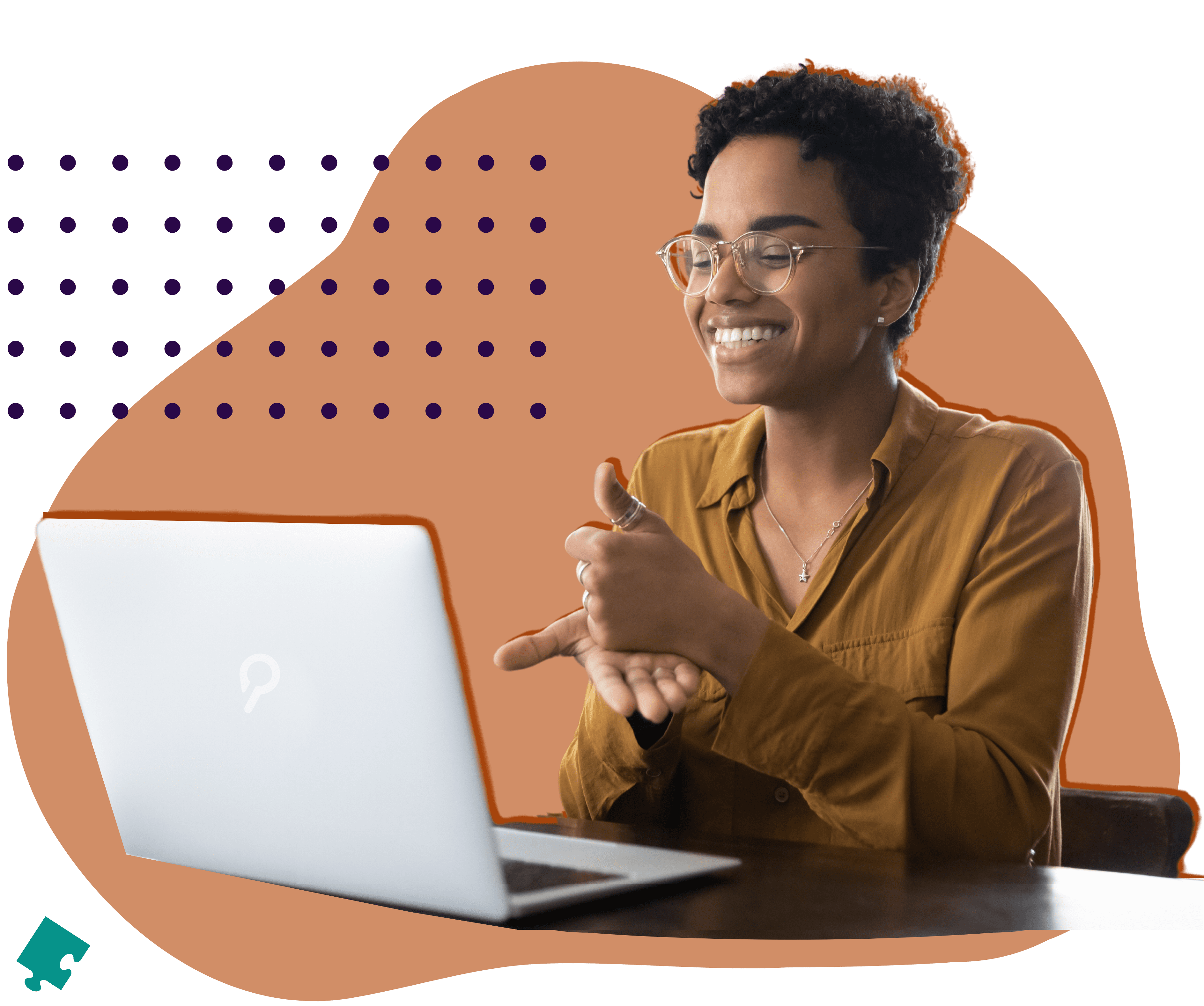 A person using sign language during a virtual training session on a Patchwork Hub-branded laptop.