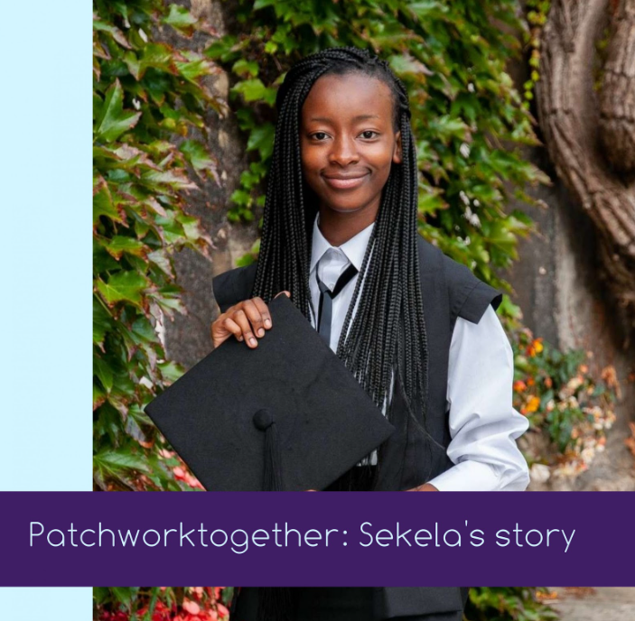 Sekela behind a purple text box that reads, &lsquo;Patchworktogether: Sekela&rsquo;s story.